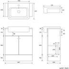 Technical drawing of the iBathUK Harper 2 Door Floorstanding Vanity Unit with Semi Recessed Basin (660mm x 800mm), showing front, side, and top views with detailed millimeter dimensions for width, height, depth, and spacing.