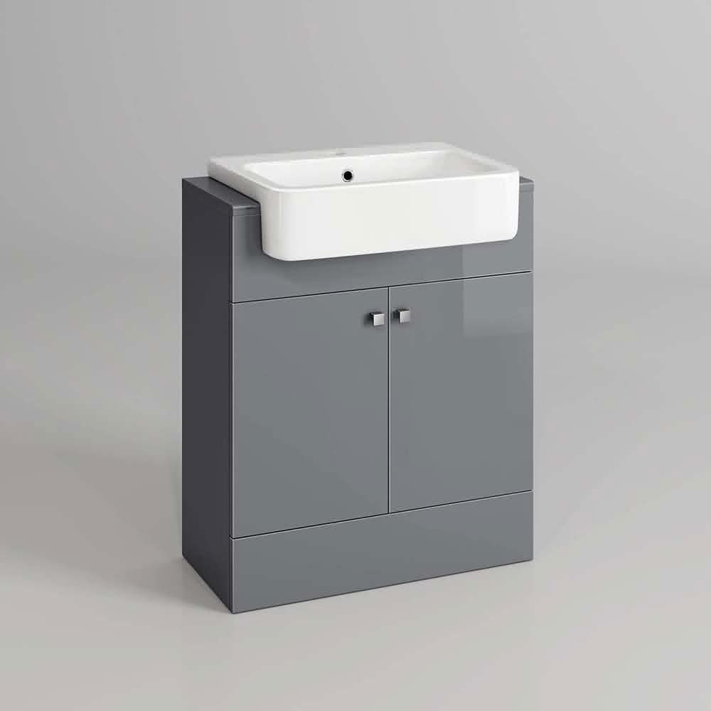 The iBathUK Harper 2 Door Floorstanding Vanity Unit With Semi Recessed Basin (660mm x 800mm) features a glossy gray cabinet, rectangular white ceramic sink, and two silver-handled doors—perfect for a modern bathroom.