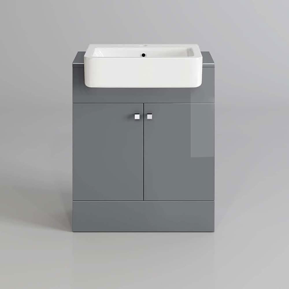 The iBathUK Harper 2 Door Floorstanding Vanity Unit (660mm x 800mm) features a modern gray gloss finish, small square handles, and a white semi recessed basin, shown against a plain gray background.