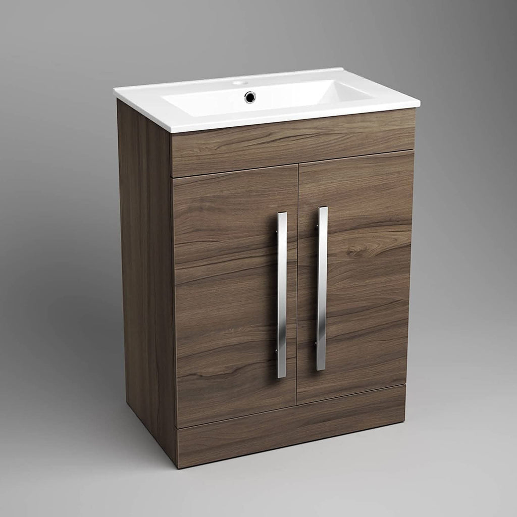 The iBathUK Avon 2 Door Floorstanding Vanity Unit With Basin (615mm x 815mm, 1 Tap Hole) showcases a white rectangular basin on a natural wood grain cabinet with silver handles, set against a plain gray background.