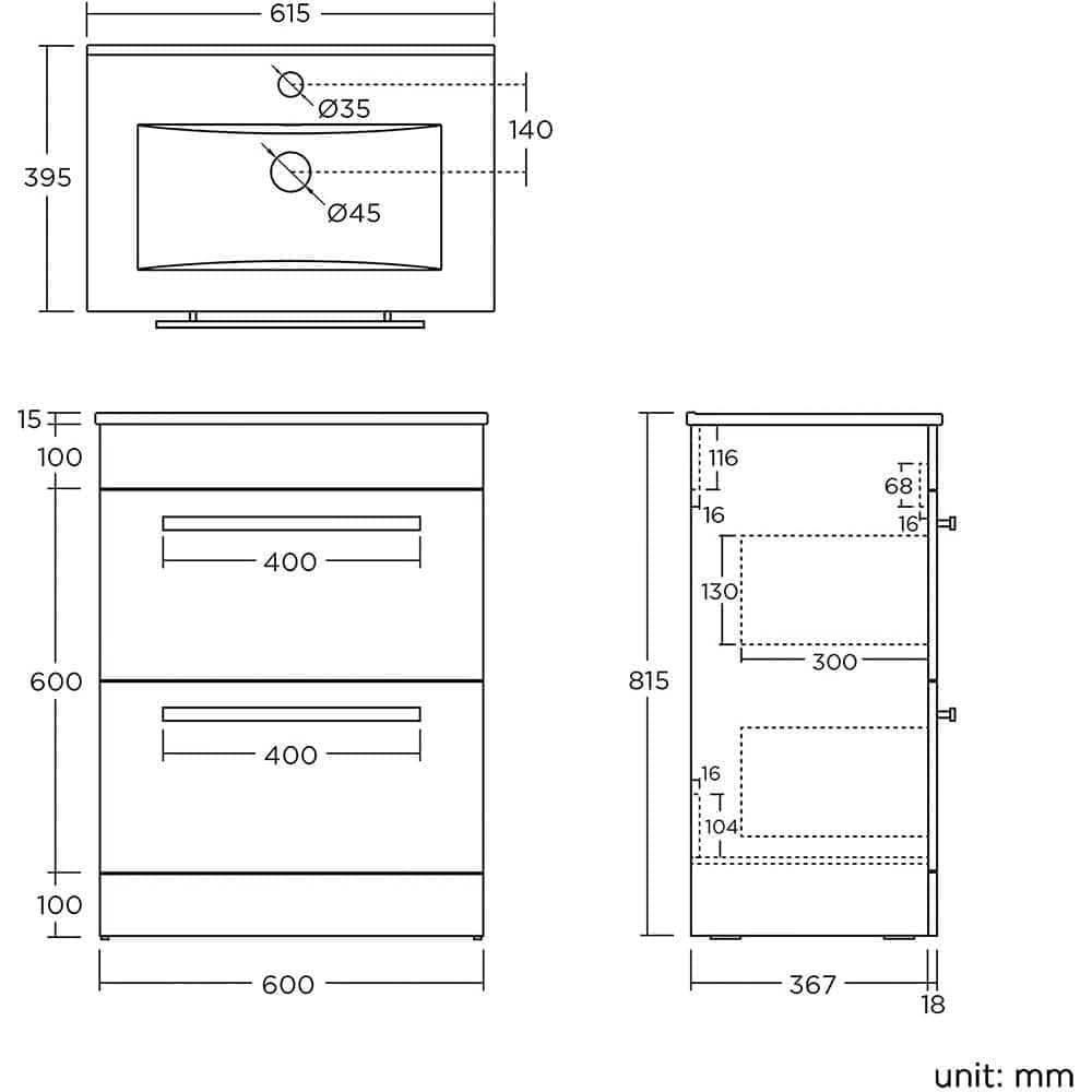 Avon 2 Drawer Floorstanding Vanity Unit With Basin - 615mm x 815mm - 1 Tap Hole - Gloss White