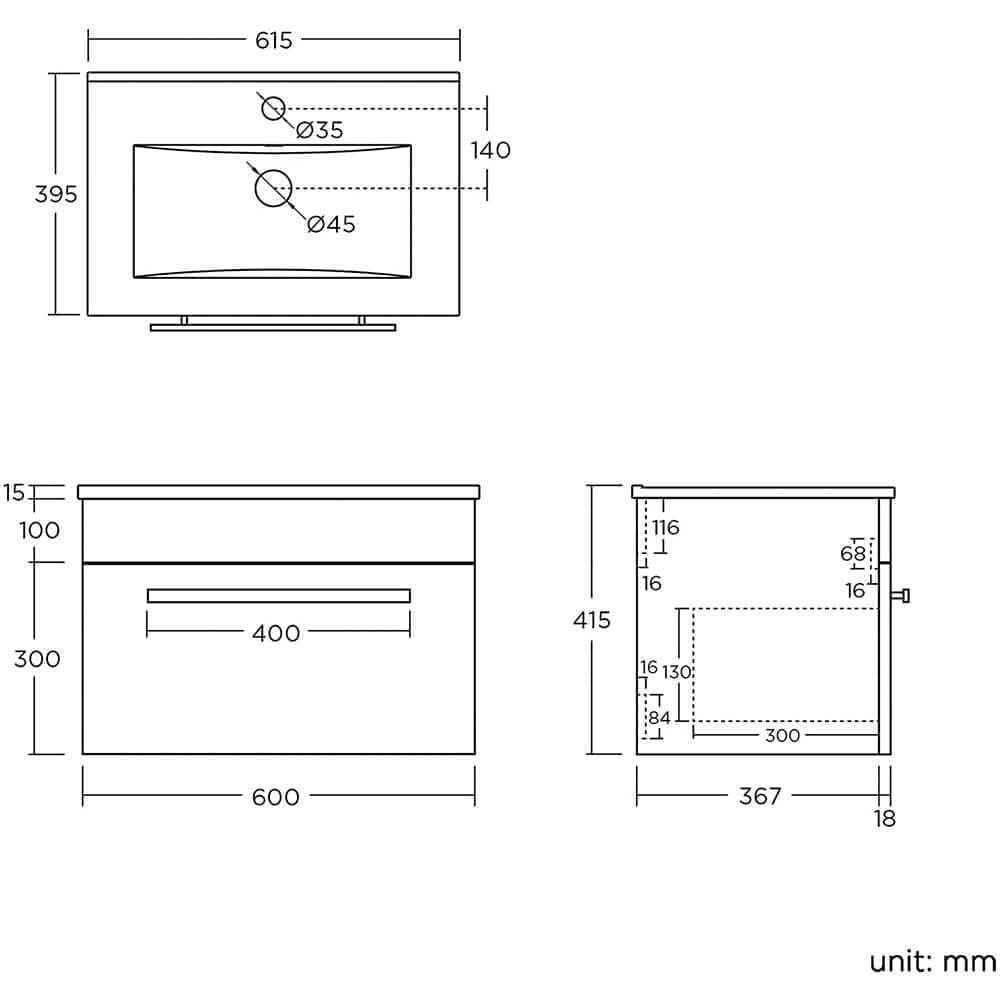 Avon 1 Drawer Wall Hung Vanity Unit With Basin - 615mm x 415mm - 1 Tap Hole