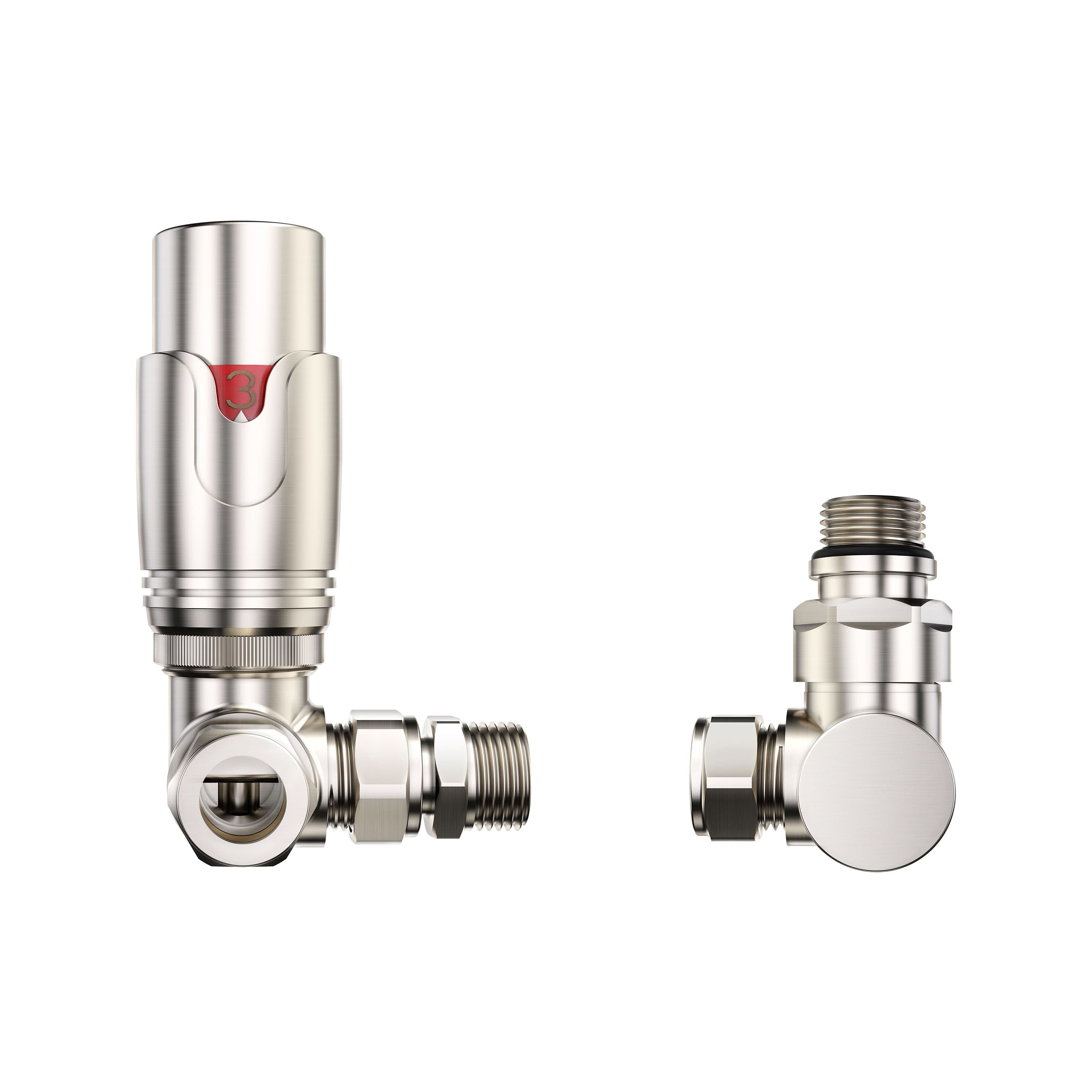 The iBathUK Pro 1/2 Thermostatic Radiator Valve TRV and matching lockshield, both with a modern silver finish, feature an angled TRV with red indicator and manual lockshield valve, isolated on a white background.