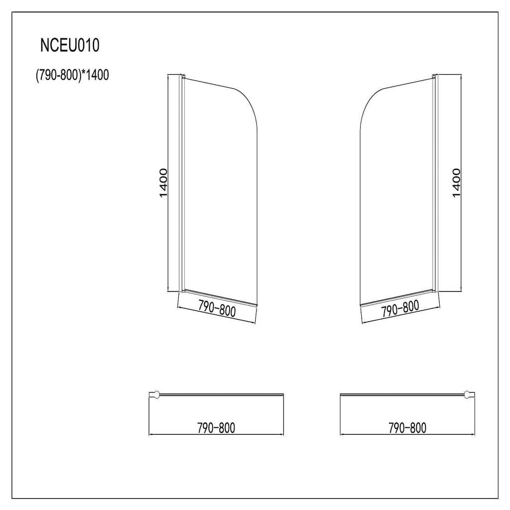 Modern Curved Edge Straight Bath Screen - 6mm Glass - 1400mm x 800mm - Chrome