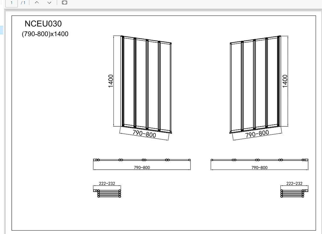 Modern Four Folding Bath Screen With Panel - 4mm Glass - 1400mm x 800mm - Chrome