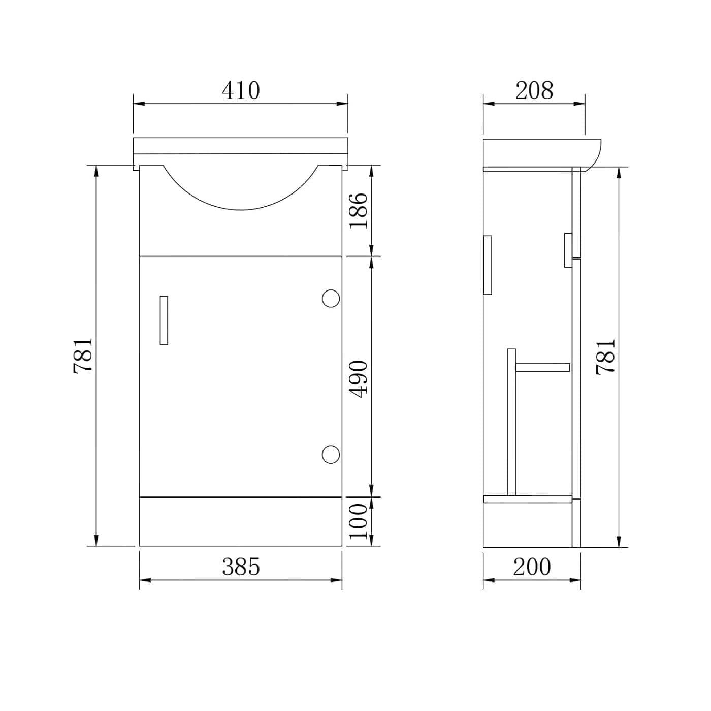 Petite 1 Door Cloakroom Floorstanding vanity Unit With Curved Basin - 1 Tap Hole - 400mm x 781mm
