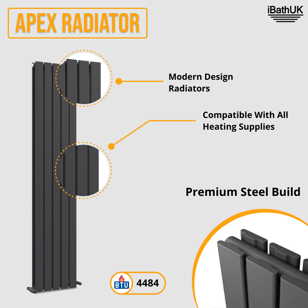 iBathUK Apex Vertical Double Slim Flat Panel Radiator, Designer Radiator, Vertical Radiators
