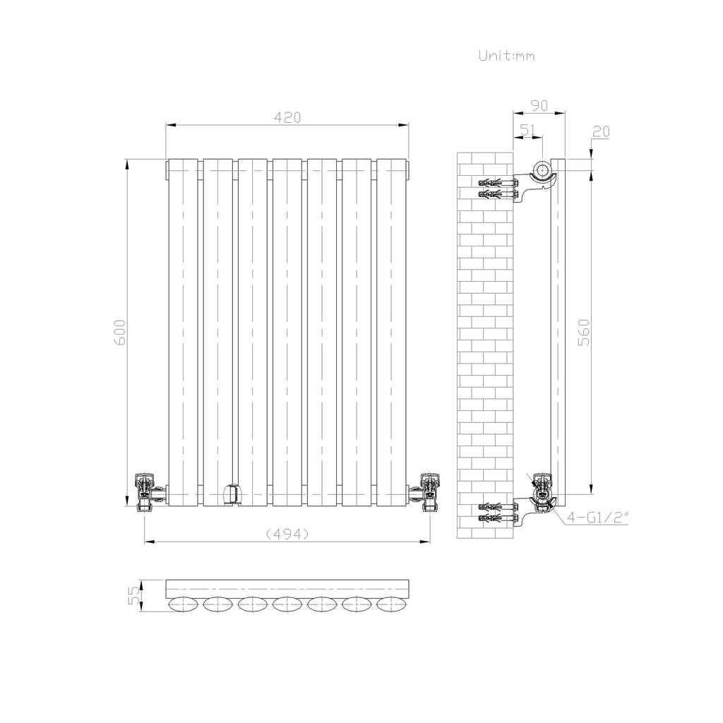 Princia Horizontal Single Oval Panel Radiator