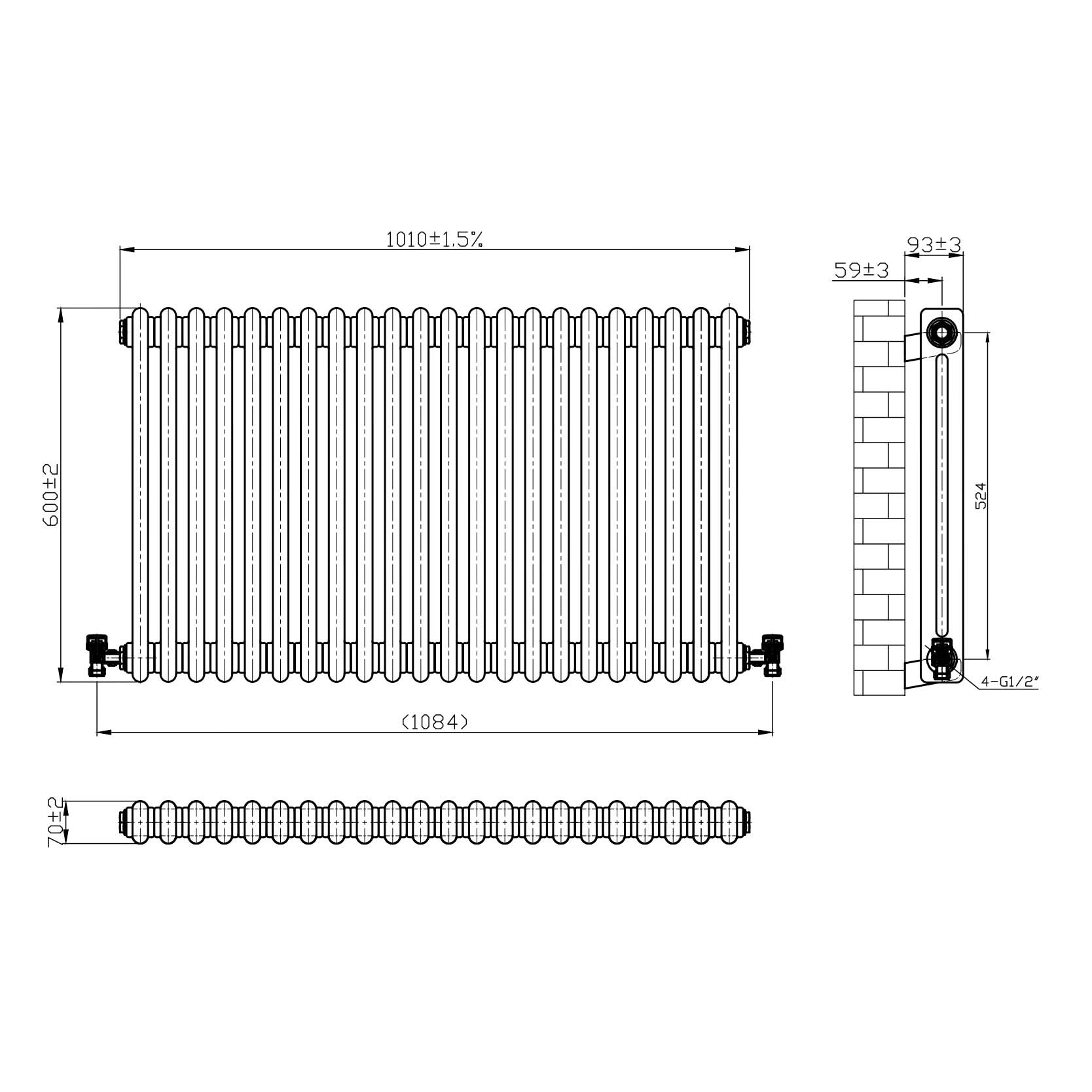 Helena Traditional Horizontal Column Radiator - Raw Metal