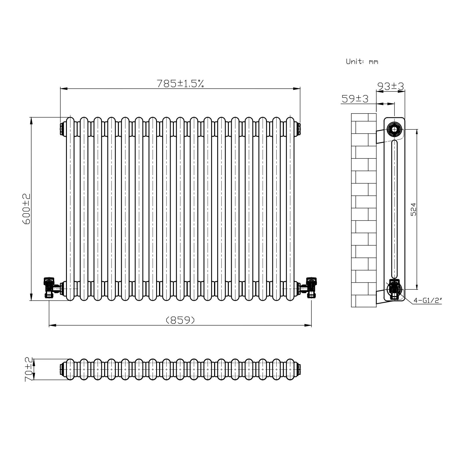 Helena Traditional Horizontal Column Radiator - Raw Metal