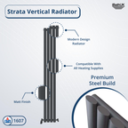 The Princia Vertical Single Oval Panel Radiator by iBathUK is a tall black radiator with a modern matte finish and premium steel build, compatible with all heating supplies. BTU rating: 1607. Features iBathUK logo in the top right corner.