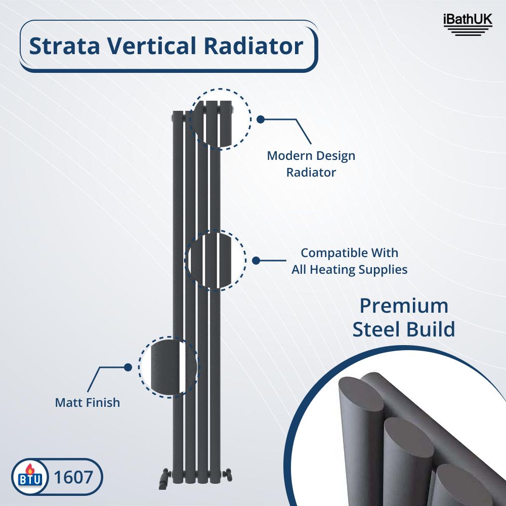 The Princia Vertical Single Oval Panel Radiator by iBathUK is a tall black radiator with a modern matte finish and premium steel build, compatible with all heating supplies. BTU rating: 1607. Features iBathUK logo in the top right corner.