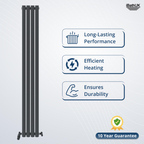 The Princia Vertical Single Oval Panel Radiator by iBathUK, in black, stands beside icons and text showcasing its efficient heating, durable build, and long-lasting performance. A badge notes a 10-year guarantee. The iBathUK logo is at the top right corner.