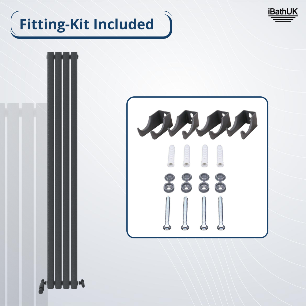 Princia Vertical Single Oval Panel Radiator by iBathUK shown left; fitting kit (four black brackets, wall plugs, washers, screws) right with Fitting-Kit Included text and iBathUK logo. Ideal for a modern designer radiator style.
