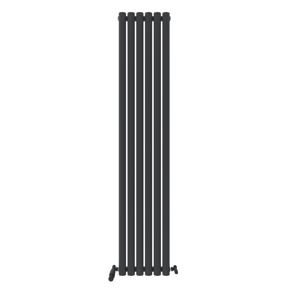 The Princia Vertical Single Oval Panel Radiator by iBathUK is a sleek black designer radiator with six columns and valve controls at the base, offering a modern minimalist look ideal for contemporary interiors.