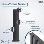 The iBathUK Princia Vertical Single Oval Panel Radiator is a tall, black matt-finish radiator with a modern design, premium steel build, 2412 BTU output, and compatibility with all heating systems.