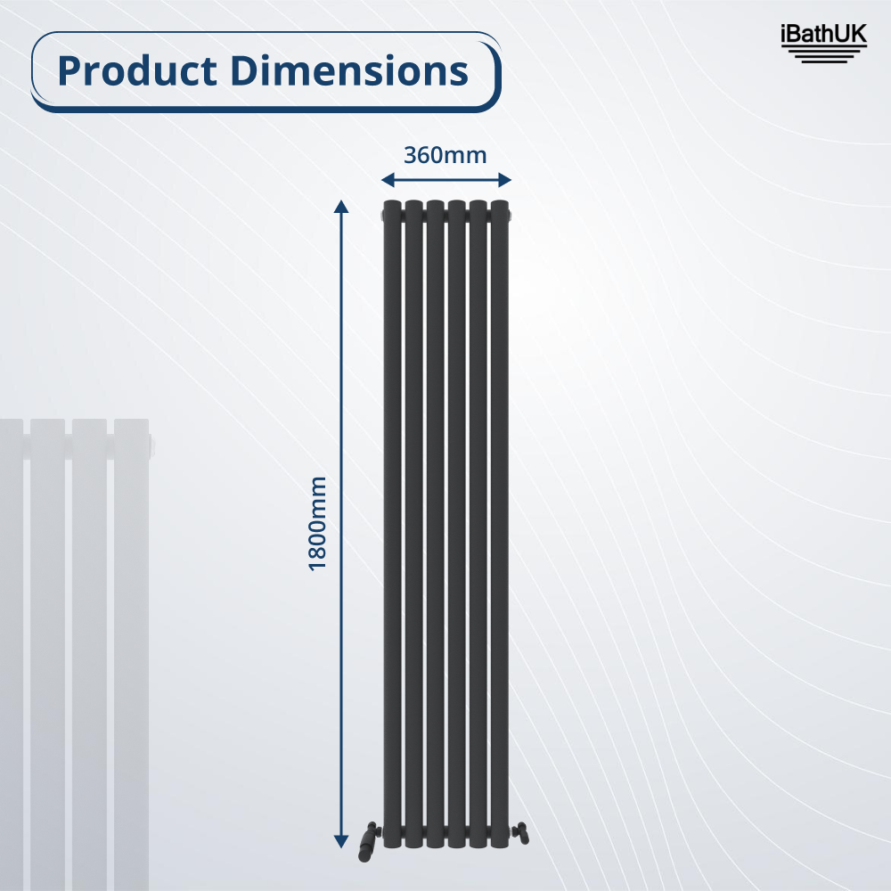 The Princia Vertical Single Oval Panel Radiator by iBathUK is a tall black designer radiator with six columns, shown on a light background. Dimensions: 1800mm height x 360mm width. Product Dimensions and iBathUK logos appear at the top.