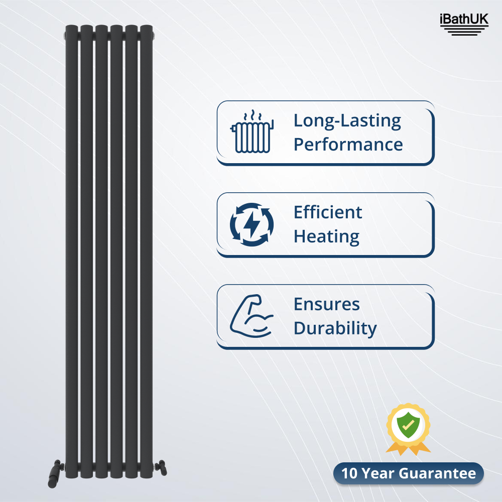 The Princia Vertical Single Oval Panel Radiator by iBathUK is a tall black designer radiator featuring icons and phrases: Long-Lasting Performance, Efficient Heating, Ensures Durability, plus a 10 Year Guarantee badge.