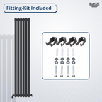 On the left is the iBathUK Princia Vertical Single Oval Panel Radiator in black; on the right, a close-up shows the included fitting kit with four black brackets, wall plugs, washers, and screws. Fitting-Kit Included appears above.