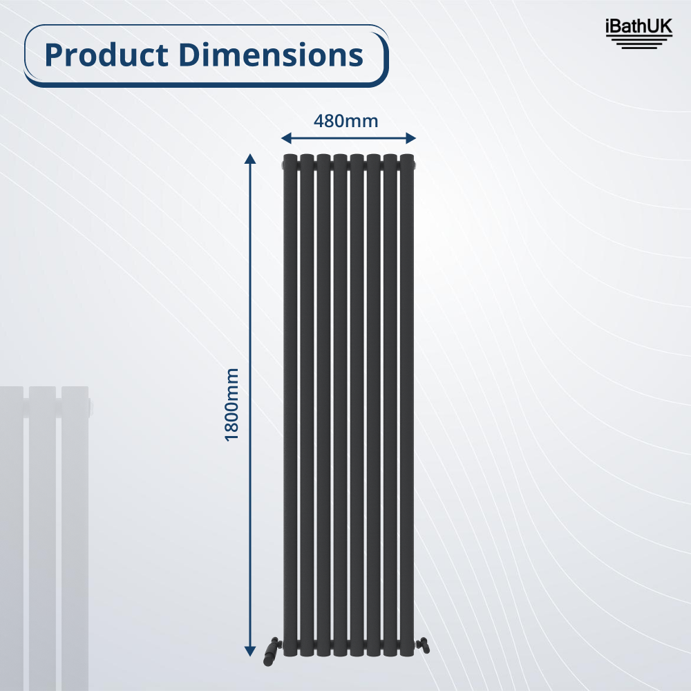 The Princia Vertical Single Oval Panel Radiator by iBathUK, in tall black finish (1800mm x 480mm), is shown on a light background. Product Dimensions is at the top left, iBathUK logo top right—a modern radiator ideal for any space.
