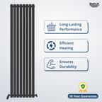 The Princia Vertical Single Oval Panel Radiator by iBathUK features three icons—Long-Lasting Performance, Efficient Heating, and Ensures Durability—with the iBathUK logo and a 10 Year Guarantee badge shown on the stylish radiator image.