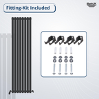 On the left is the Princia Vertical Single Oval Panel Radiator by iBathUK; on the right is a fitting kit with four brackets, wall plugs, washers, and screws. Text reads Fitting-Kit Included. iBathUK logo in the top right corner.