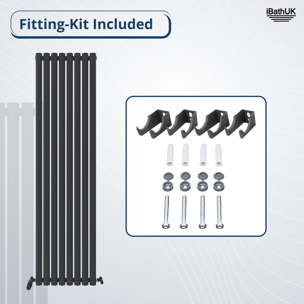 On the left is the Princia Vertical Single Oval Panel Radiator by iBathUK; on the right is a fitting kit with four brackets, wall plugs, washers, and screws. Text reads Fitting-Kit Included. iBathUK logo in the top right corner.