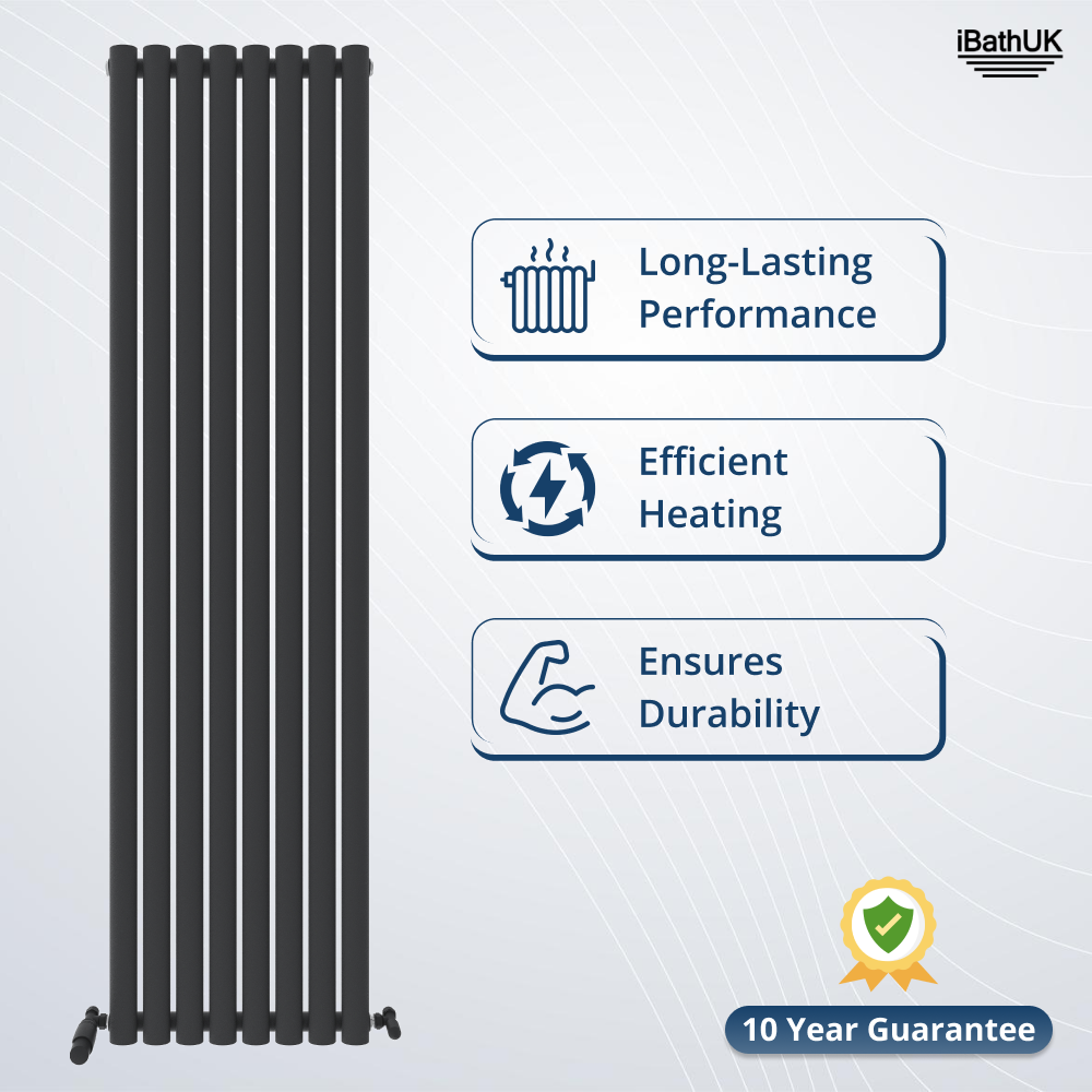 The Princia Vertical Single Oval Panel Radiator by iBathUK offers efficient heating, ensures durability, and long-lasting performance. Features a 10 Year Guarantee badge—modern style for your home. iBathUK logo top right.