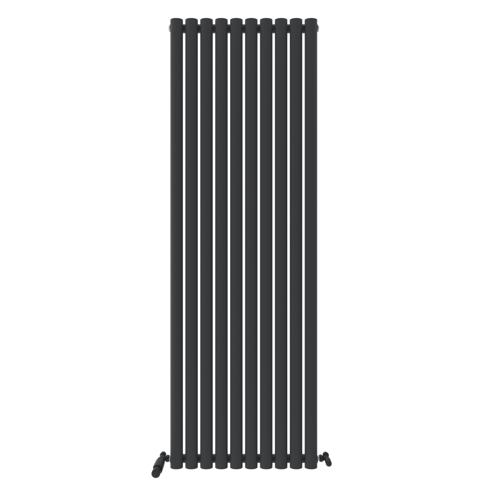 The Princia Vertical Single Oval Panel Radiator by iBathUK features a tall, modern design with evenly spaced cylindrical columns and bottom-corner valves, shown against a white background for a sleek look.