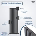 The iBathUK Princia Vertical Single Oval Panel Radiator is a tall, black designer radiator with a matt finish, premium steel build, compatibility with all heating supplies, and a 4023 BTU rating.