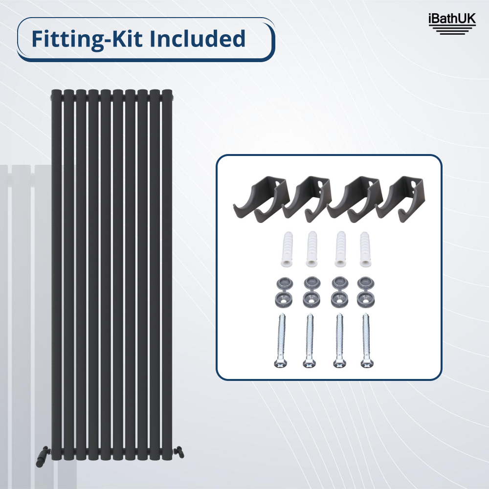 The Princia Vertical Single Oval Panel Radiator by iBathUK is shown in black with a fitting kit—brackets, screws, rawl plugs, and bolts included. Text reads Fitting-Kit Included. Modern design; iBathUK logo in the corner.