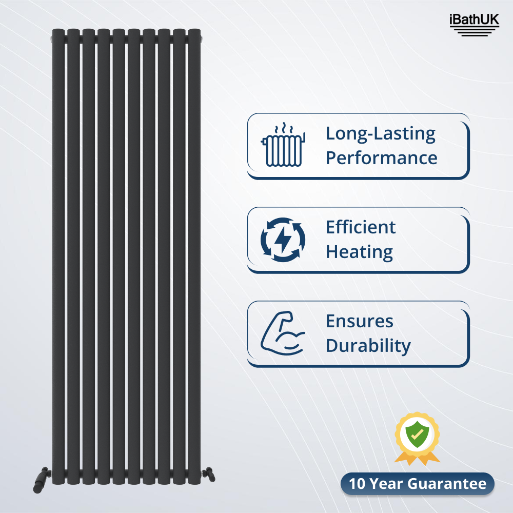 The Princia Vertical Single Oval Panel Radiator by iBathUK stands next to icons showing long-lasting performance, efficient heating, and durability. A 10-year guarantee badge appears at the bottom right, with the iBathUK logo at the top right.