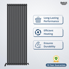 The Princia Vertical Single Oval Panel Radiator by iBathUK stands next to icons showing long-lasting performance, efficient heating, and durability. A 10-year guarantee badge appears at the bottom right, with the iBathUK logo at the top right.