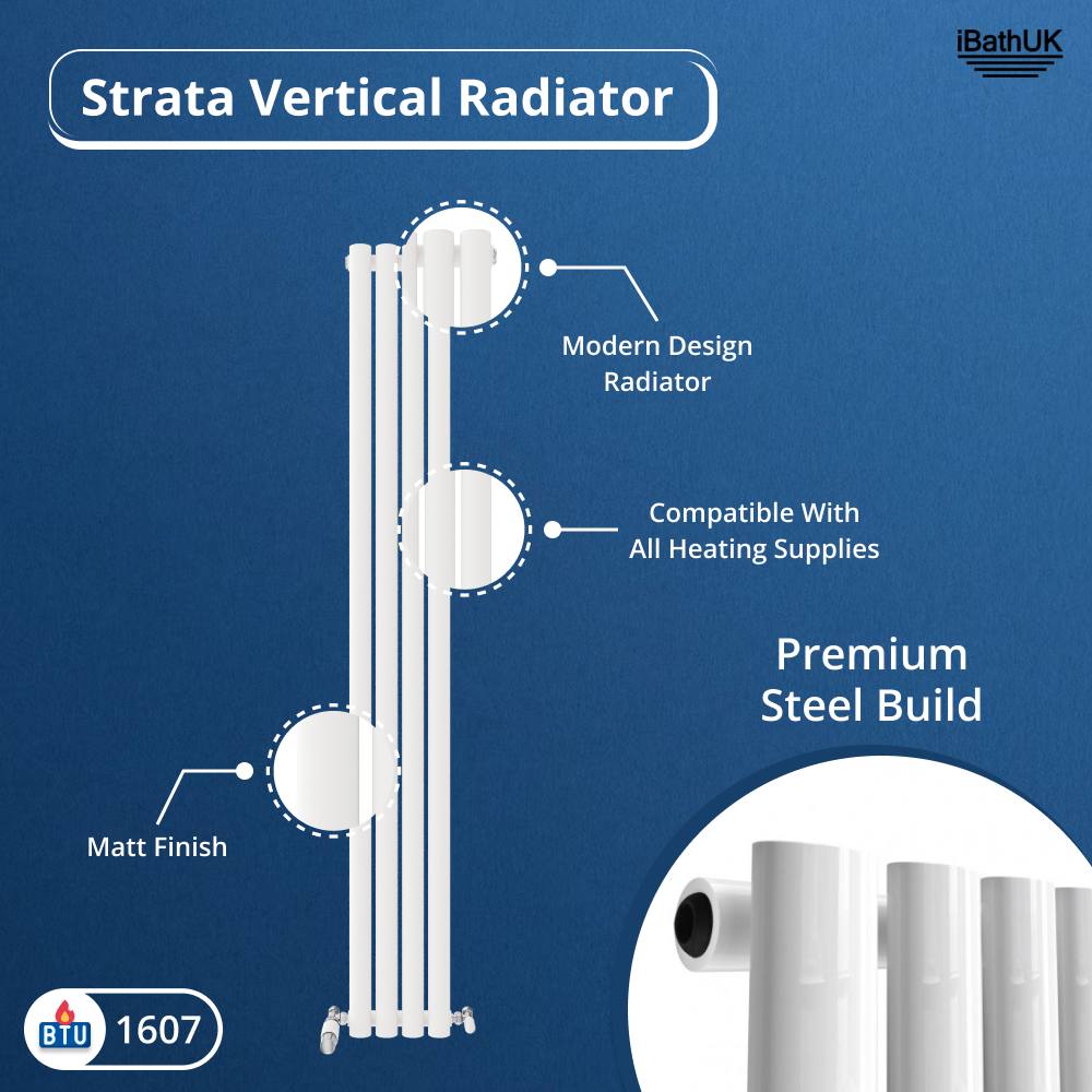 Princia Vertical Single Oval Panel Radiator by iBathUK—sleek matt finish, premium steel construction, suits all heating systems. Shown with feature labels and the iBathUK logo on a blue background for a modern designer radiator look.