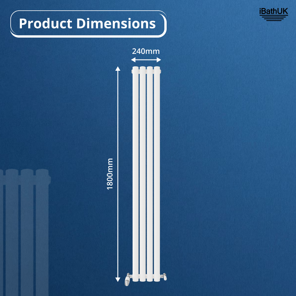 The Princia Vertical Single Oval Panel Radiator by iBathUK is shown with four white panels against a blue background. Dimensions are marked as 1800mm high and 240mm wide, with product name and brand visible on the image.
