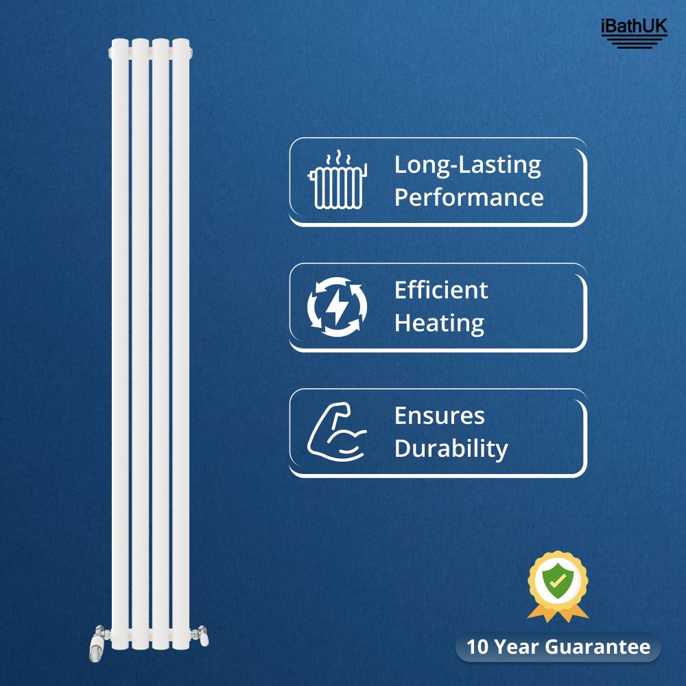 The Princia Vertical Single Oval Panel Radiator by iBathUK is shown on a blue background with icons for Long-Lasting Performance, Efficient Heating, and Ensures Durability, plus a 10 Year Guarantee badge and the iBathUK logo in the top right.