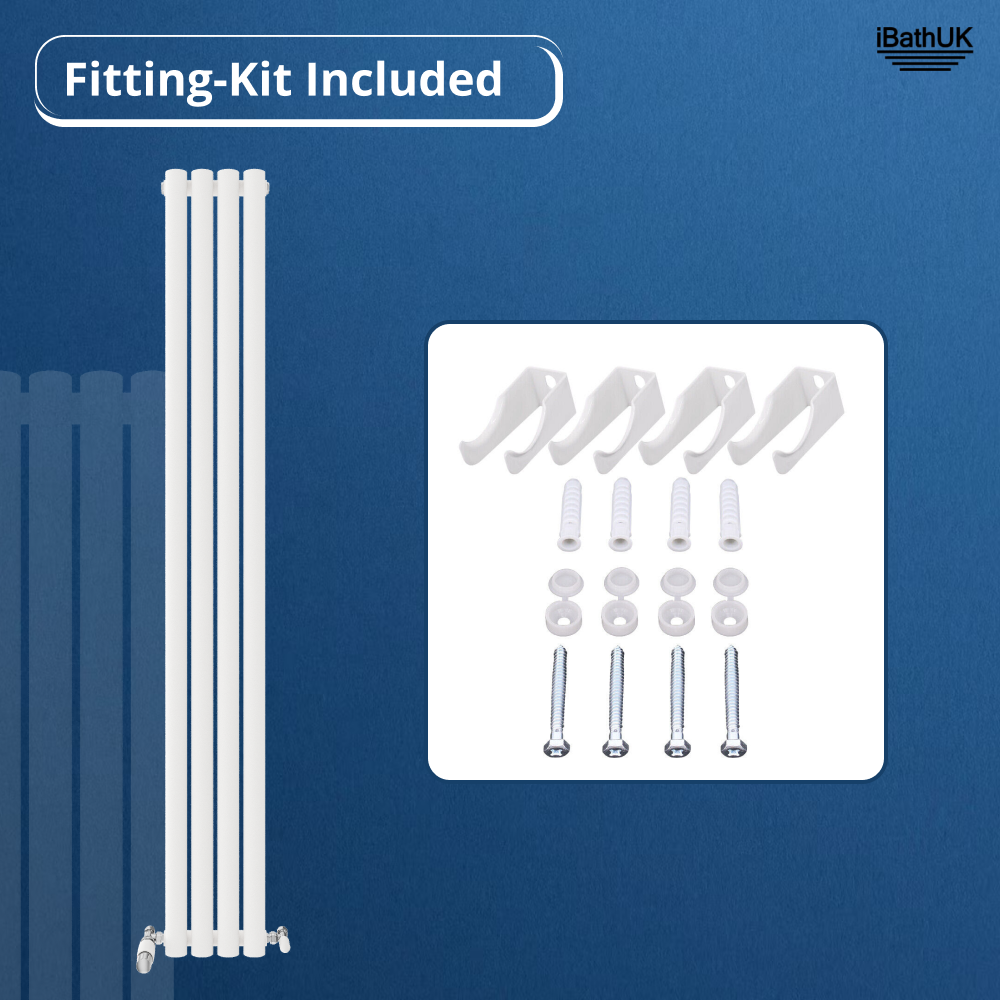 The Princia Vertical Single Oval Panel Radiator by iBathUK is displayed on a blue background with a fitting kit, including brackets, screws, and washers. The modern design features the iBathUK logo in the top right corner.