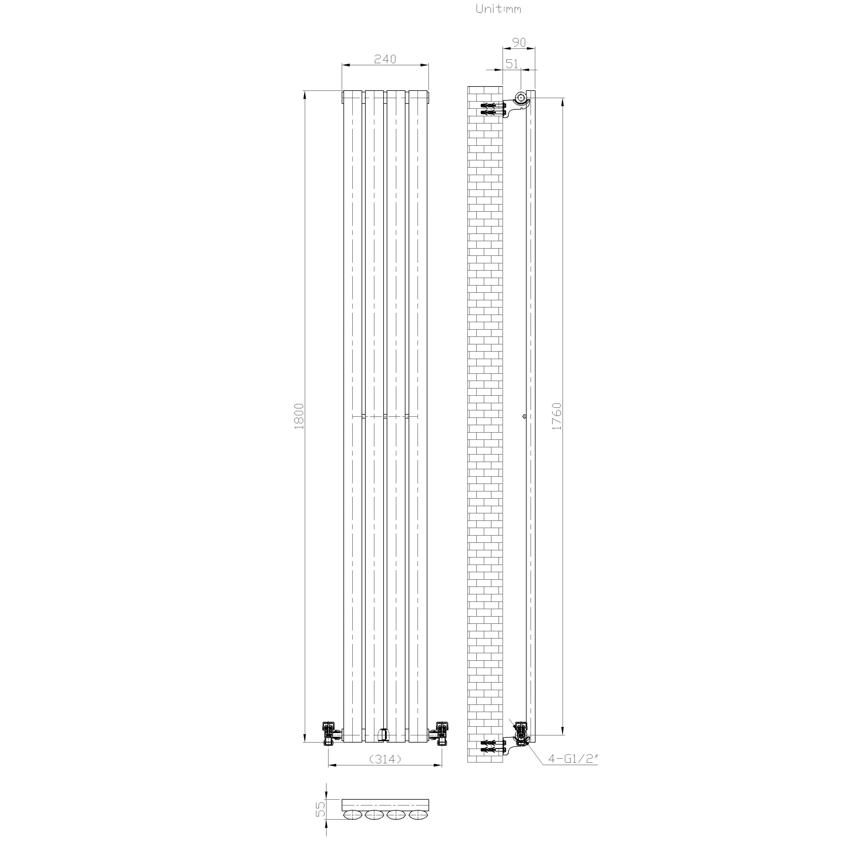 Technical drawing of the iBathUK Princia Vertical Single Oval Panel Radiator, displaying front and side views with millimeter dimensions: 1800mm (height), 240mm (width), 54mm (depth), and labeled bottom pipe connections for a modern look.