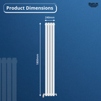 The Princia Vertical Single Oval Panel Radiator by iBathUK, shown on a blue background with the logo at top right, measures 1800mm high x 240mm wide. Product Dimensions appears at the top. This stylish radiator enhances any space efficiently.