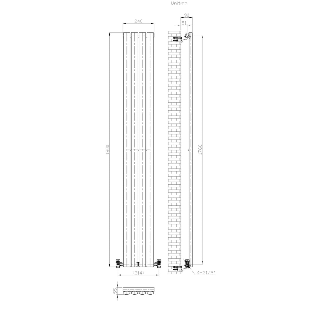 Technical drawing of the iBathUK Princia Vertical Single Oval Panel Radiator, showing front and side views with precise millimeter measurements. Features vertical columns and base connection points for a modern look.