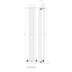 Technical drawing of the iBathUK Princia Vertical Single Oval Panel Radiator, showing front and side views with precise millimeter measurements. Features vertical columns and base connection points for a modern look.