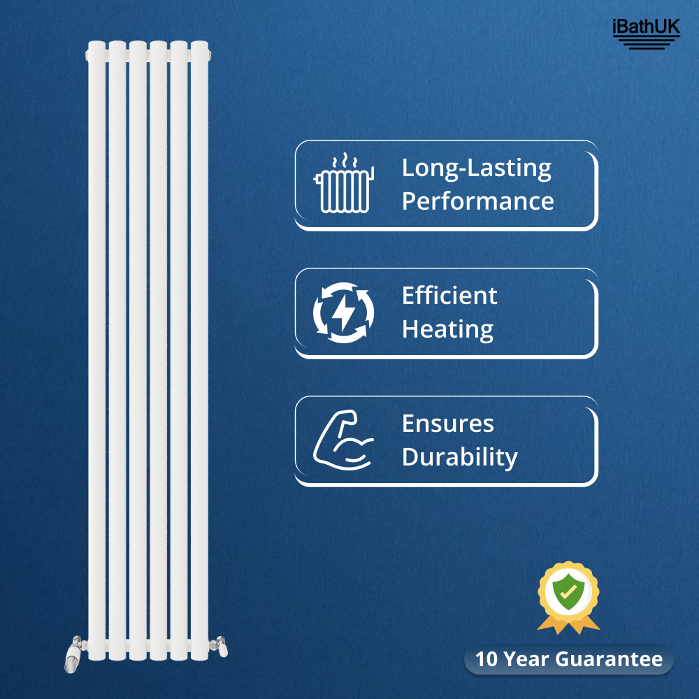 The Princia Vertical Single Oval Panel Radiator by iBathUK is shown on a blue background with icons and text for long-lasting performance, efficient heating, durability, and a “10 Year Guarantee” badge. iBathUK logo appears in the top right corner.