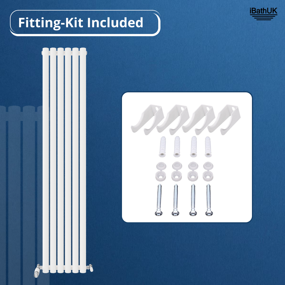 The iBathUK Princia Vertical Single Oval Panel Radiator is shown on a blue background with a fitting kit—wall brackets, screws, and washers. The iBathUK logo is visible in the top right corner.