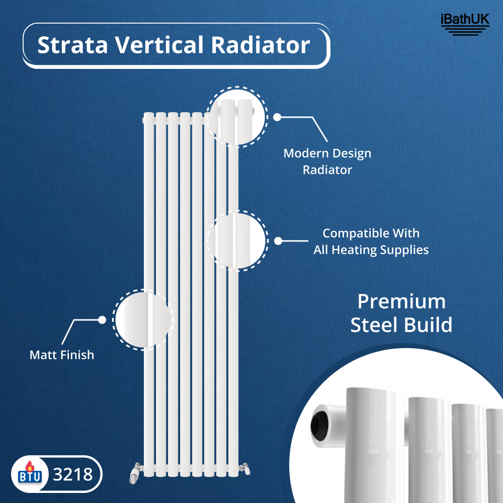 The iBathUK Princia Vertical Single Oval Panel Radiator, in white, is shown on a blue background. It features a modern matt finish, premium steel build, 3218 BTU rating, and is compatible with all heating supplies.