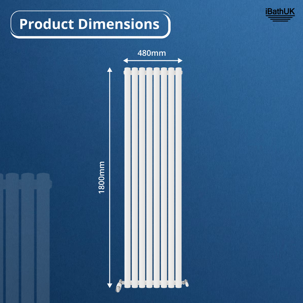 The Princia Vertical Single Oval Panel Radiator by iBathUK is shown against a blue background with labeled dimensions of 1800mm height and 480mm width. Product Dimensions and iBathUK logos feature at the top, highlighting this modern designer radiator.