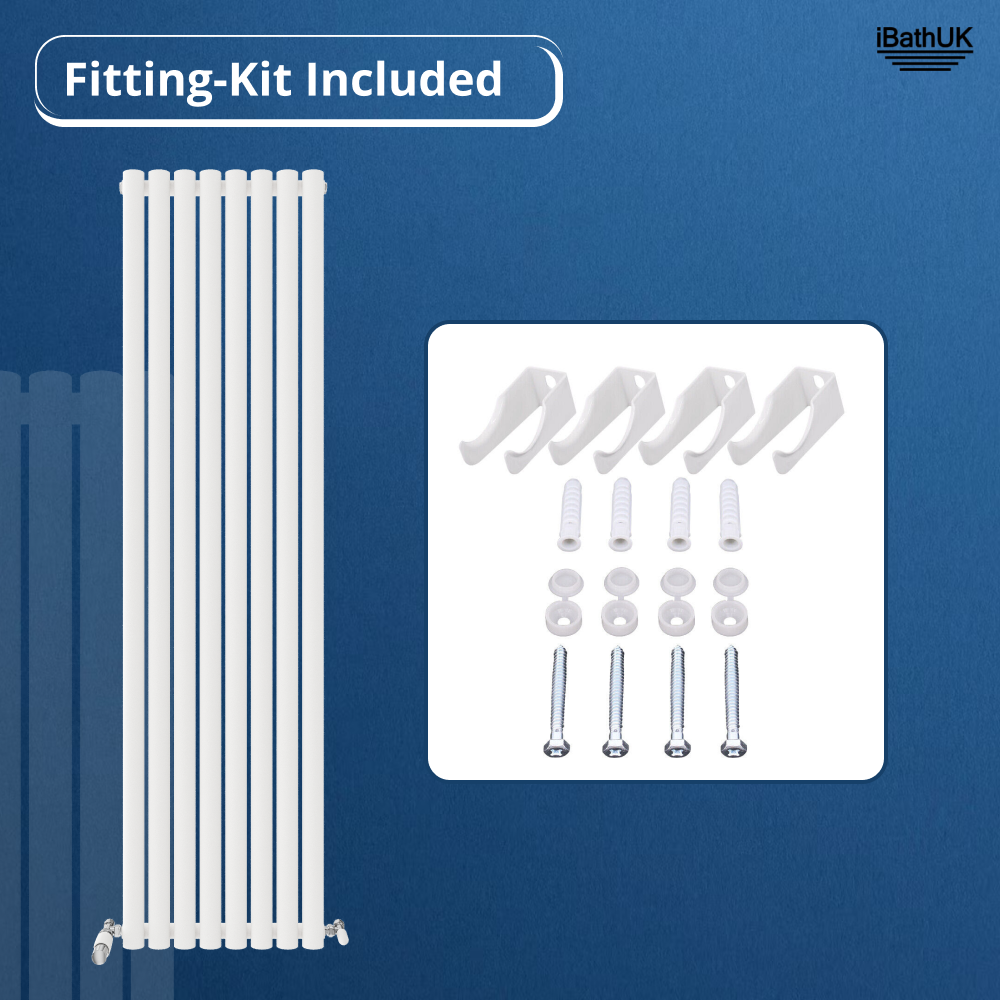 The Princia Vertical Single Oval Panel Radiator by iBathUK stands on a blue background with a fitting kit of brackets, screws, and wall plugs. Fitting-Kit Included appears in a white box, with the iBathUK logo at the top right.