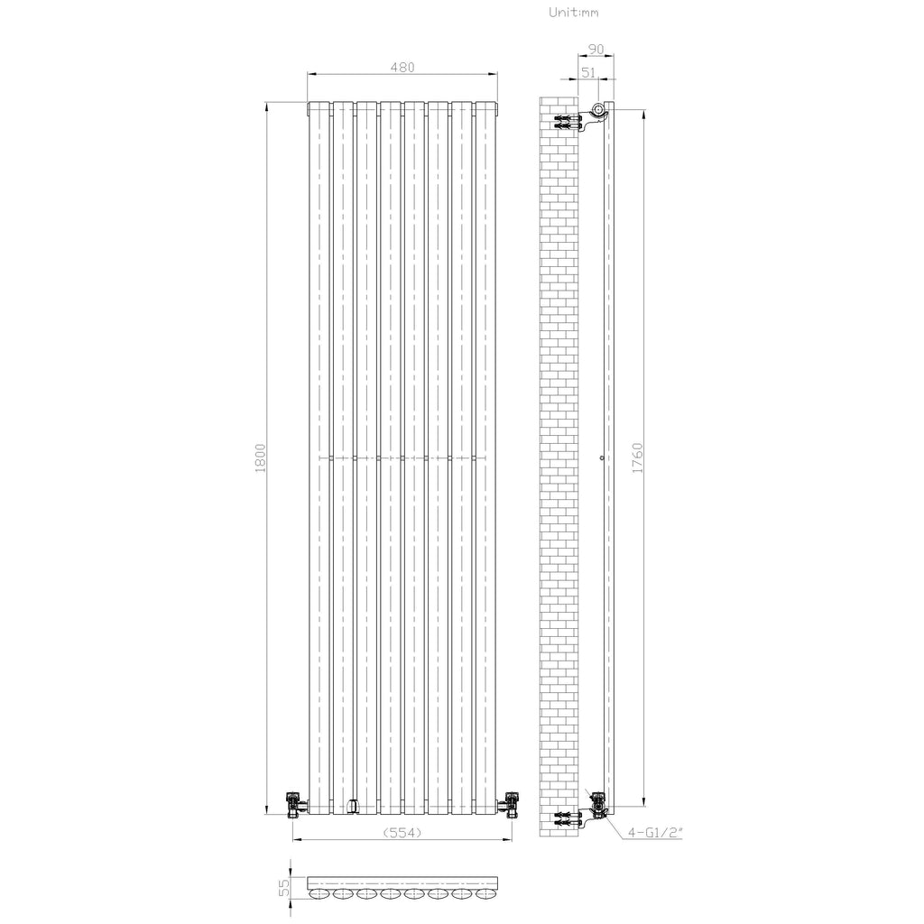 Technical drawing of the iBathUK Princia Vertical Single Oval Panel Radiator shows front, side, and bottom views with connection points and structural details. All measurements are labeled in millimeters.
