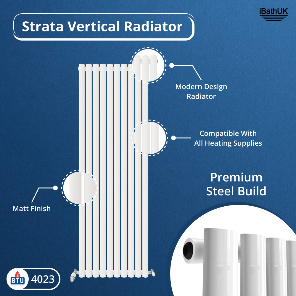 The Princia Vertical Single Oval Panel Radiator by iBathUK is shown against a blue backdrop, featuring a matt finish, premium steel construction, universal heating supply compatibility, and a 4023 BTU heat output.