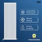 The Princia Vertical Single Oval Panel Radiator by iBathUK is displayed on a blue background, with icons and text highlighting its efficient heating, durability, long-lasting performance, and a 10-year guarantee.