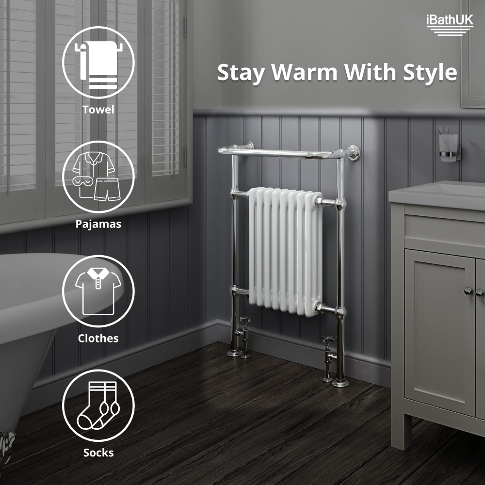 Traditional Vertical Heated Towel Radiator - Chrome/White